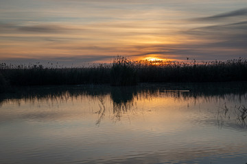 Spain. Sunrise in the El Hondo de Elche natural park. Alicante