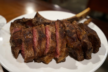 Close up texture of sliced Medium rare beef loin steak