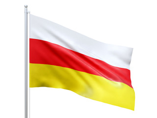 South Ossetia flag waving on white background, close up, isolated. 3D render