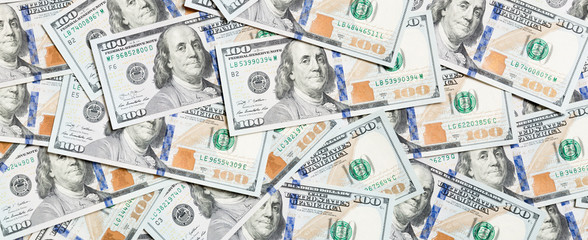 Top view of American money background. Pile of dollar cash. Paper banknotes concept