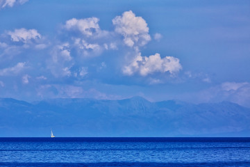 sailboatр, sea, mountain, clouds