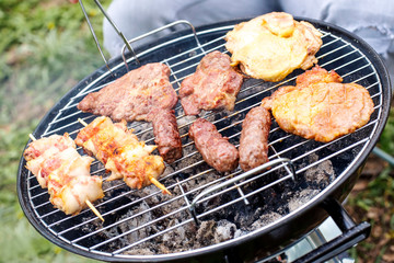 Closeup of barbecue grill with various kinds of meat