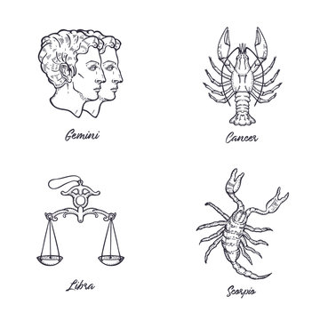 Vector set of zodiac signs. Gemini, Cancer, Scorpio and Libra.