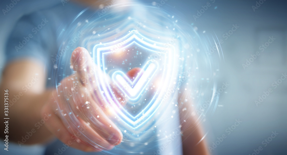 Poster Man using digital shield protection blue holographic interface 3D rendering