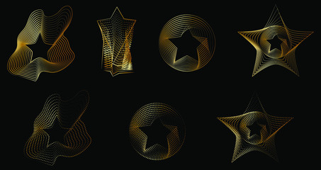 Vector abstract graphics of gold lines and shapes on a black background in the form of a star , for social networks, postcards, banners, discounts, covers, screensavers, discount cards, awards, prizes