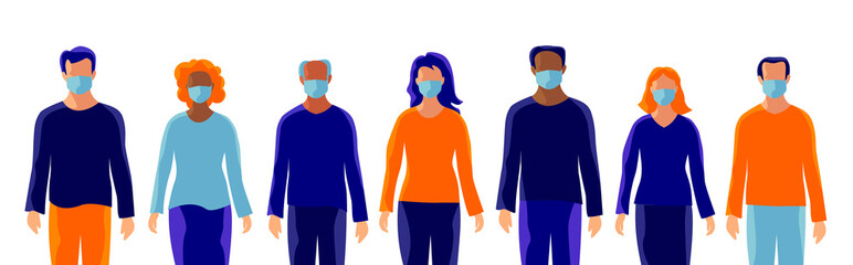 Group of people wearing protection medical face mask to protect and prevent virus, disease, flu, air pollution, contamination, corona. Many ages of old man woman. Isolated vector illustration on white