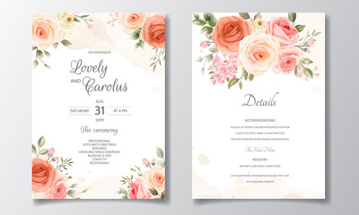 Wedding invitation card set template with beautiful floral frame