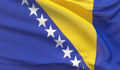 Waving national flag of Bosnia and Hercegovina. Waved highly detailed close-up 3D render.