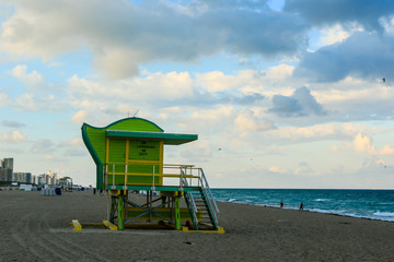 Miami, USA - October 25, 2019: Life Guard Station on the Sandy Beach