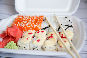 Japanese seafood sushi roll on white background,Sushi and Maki take-out premium set
