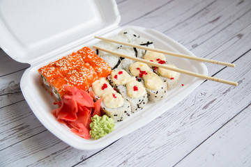 Japanese seafood sushi roll on white background,Sushi and Maki take-out premium set