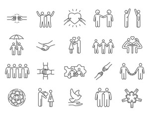 Large set of black and white line drawing friendship icons holding hands, with hearts for love, dove of peace, sharing umbrella, teamwork, high fives and fist bumping, vector illustration