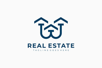 Blue Line Letter W House Logo. Real Estate Construction Architecture Building Logo Design Template Element.