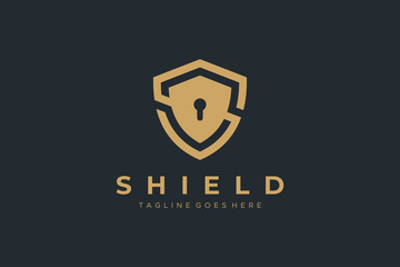 Gold Letter S Shield with Keyhole inside. Security Logo Protection Symbol Vector Logo Design