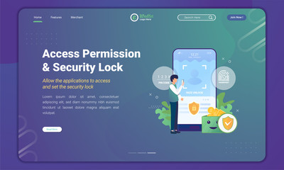Flat illustration of access permission and security lock screen for digital wallet concept on landing page template