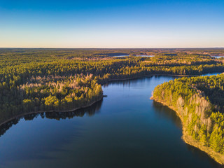 Lake with the forests in the evening light