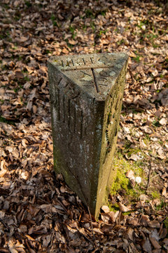 Adlerstein, Dreim&auml;rker Grenzstein im Odenwald mit doppelkopf Reichsadler und kaiserlichem Reichsapfel
