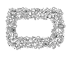 coffee frame, coffee splashes and sweets, cake croissants, marshmallows and sugar, coffee beans menu