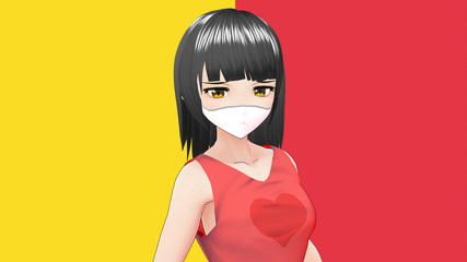 Anime Girl Cartoon Character wearing Face Mask to prevent Coronavirus COVID-19. Japanese Girl with Comic Effect with a smile and Background it's Anime Manga Girl from Japan