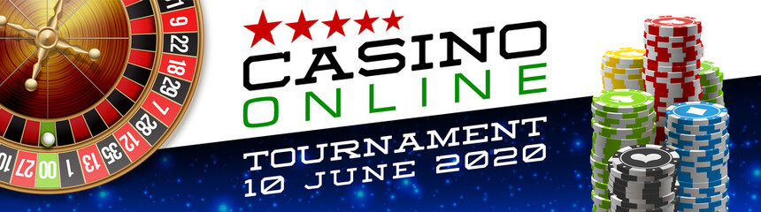 illustration Online Poker night casino banner with realistic american roulette on blue space. Marketing Luxury blue Banner Jackpot Online night Casino with 3d classic roulette. Advertising poster set.