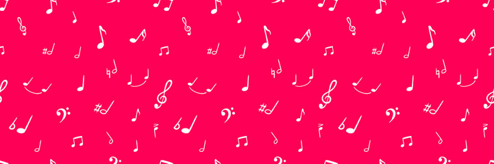 Vector seamless pattern, musical notes on bright magenta background, graphic backdrop template, doodle.