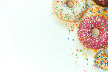 A lot of colorful candy. Tasty appetizing Party Accessories Happy Birthday Sweet Treat Swirl Candy Lollypop on Bright Background Flat Lay isolated on white background