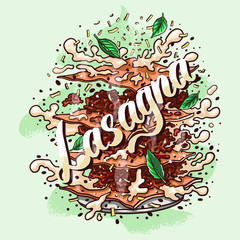 inscription lasagna, a delicious piece of lasagna with beef and Basil leaves