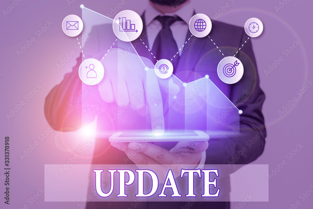 Poster word writing text update. business photo showcasing make something more modern or up to date like so