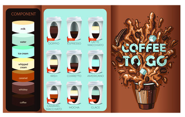 coffee menu, ingredients and proportions set coffee in a glass, coffee components and the price of different varieties Vector illustration