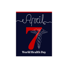 Calendar sheet, vector illustration on the theme of World Health Day. April 7. Decorated with a handwritten inscription - APRIL and stylized linear Rod of Asclepius.
