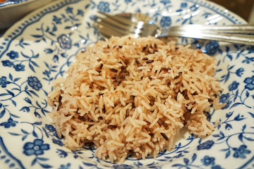 Close up dish of steamed brown rice