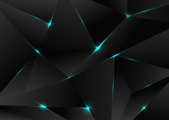 Abstract black polygon pattern with blue laser light lines  on dark background technology style