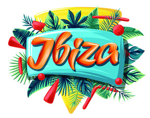 Ibiza Advertising emblem with type design and tropical flowers and plants