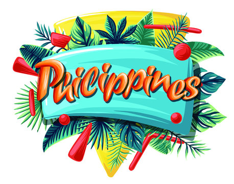 Philippines Advertising emblem with type design and tropical flowers and plants