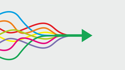 Vector illustration. Colorful lines intertwined in arrow. Dimensions 16:9. The way forward.