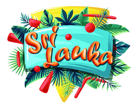 Sri Lanka Advertising emblem with type design and tropical flowers and plants