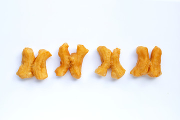 Deep-fried dough stick, chinese bread stick on white background.