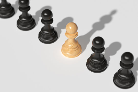A chess pawn, along with other pawns, casts a shadow over the queen. The concept of leadership, the desire for strength and victory.
