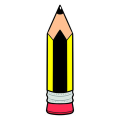 Illustration of a pencil with eraser. Yellow, black, red.