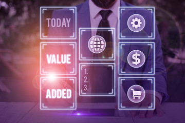 Word writing text Value Added. Business photo showcasing the extra value created over and above the...