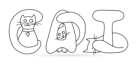 Outline cat lettering isolated on white. Coloring animal logo design. Doodle hand drawing art. Sketch pet. Vector stock illustration