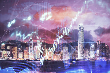 Fototapeta na wymiar Double exposure of forex chart drawings over cityscape background. Concept of success.