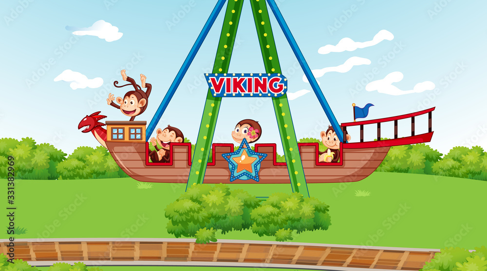 Canvas Prints happy monkeys riding on viking ship in the park