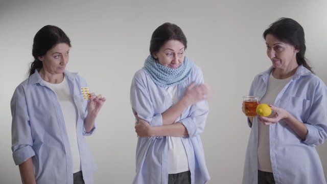 Portrait of ill Caucasian woman choosing between traditional and alternative medicine. Triple image, same person proposing pills and hot tea with lemon to sick lady. Health care, decision, lifestyle.