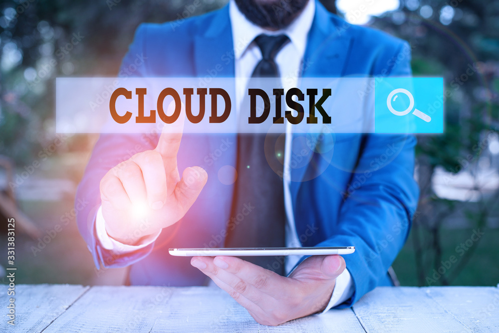 Poster writing note showing cloud disk. business concept for web base service that provides storage space o