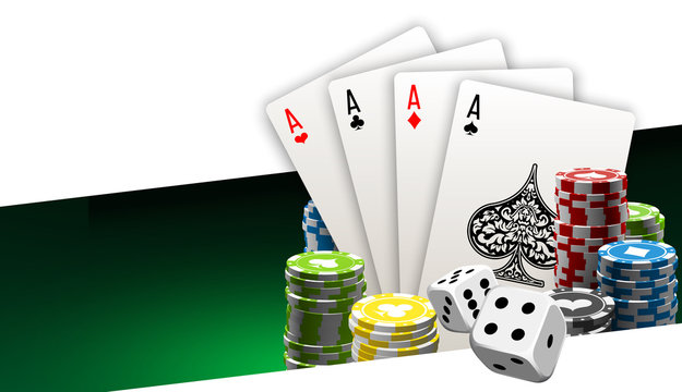 illustration Online Poker casino banner with a chips, playing cards and dice. Marketing Luxury Banner Jackpot Online Casino with flat paper cloud for text. Empty advertising poster.