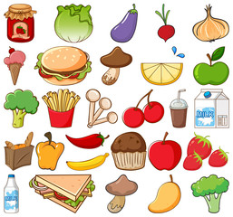 Large set of fruits and vegetables on white background