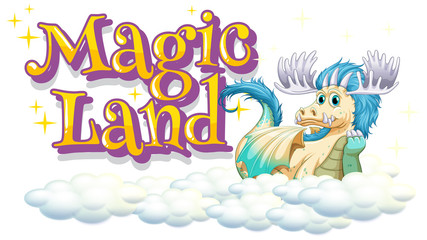 Font design for word magic land with happy dragon on the clouds