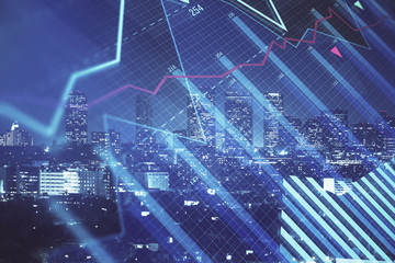 Financial graph on night city scape with tall buildings background multi exposure. Analysis concept.