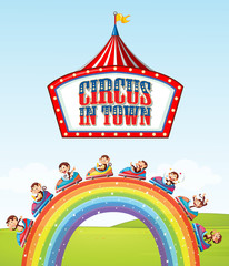 Font design for word circus in town with monkeys on the ride over the rainbow